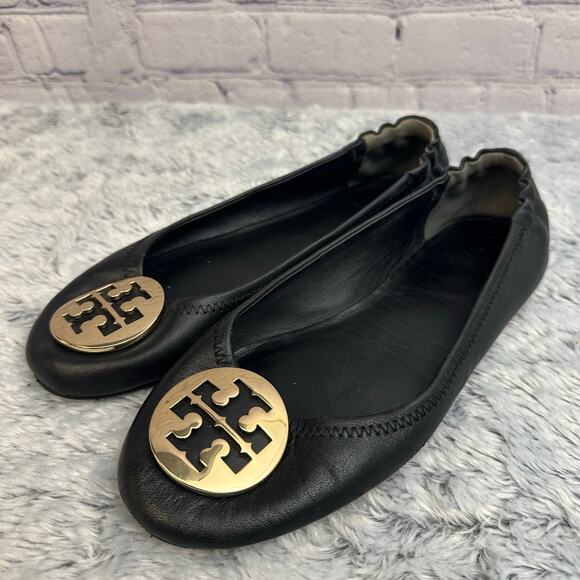Tory Burch Minnie Ballet Flats Black Leather Gold Circle Logo Size 7M Loafers - Picture 4 of 13